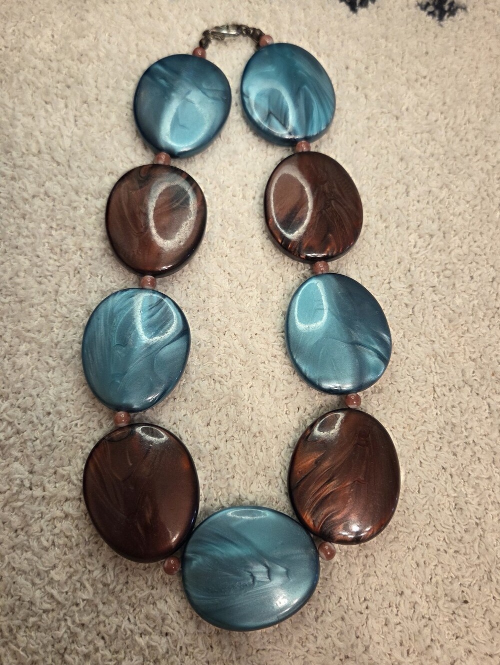Chunky Statement Necklace Turquoise Blue Brown Swirl Resin Oval Bead Boho Chic